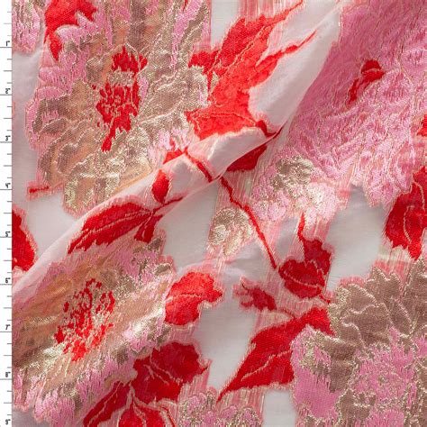 metallic gold floral print on red satiny fabric|Metallic Gold and Red Floral Burnout Designer Brocade.